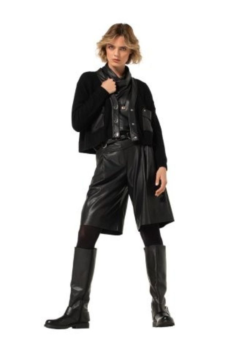 Korte cardigan met vegan leath 10 Black